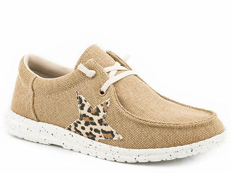 Tan canvas loafer with leopard star