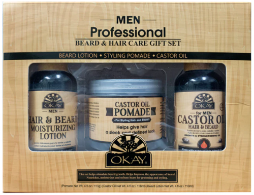 OKAY For Men- 3pc Men Beard Care Gift Set (Castor Oil Pomade 4 oz, Castor Oil Hair & Beard 4oz, Beard Moisturizing Lotion 4oz)