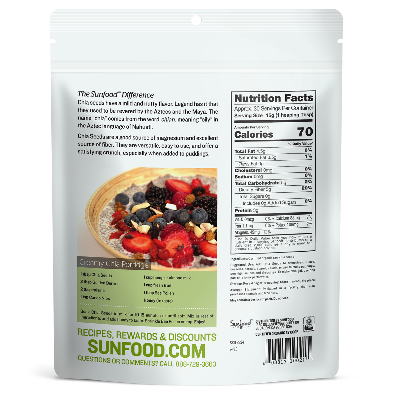 Certified Organic Chia Seeds 1lb Sunfood Superfoods
