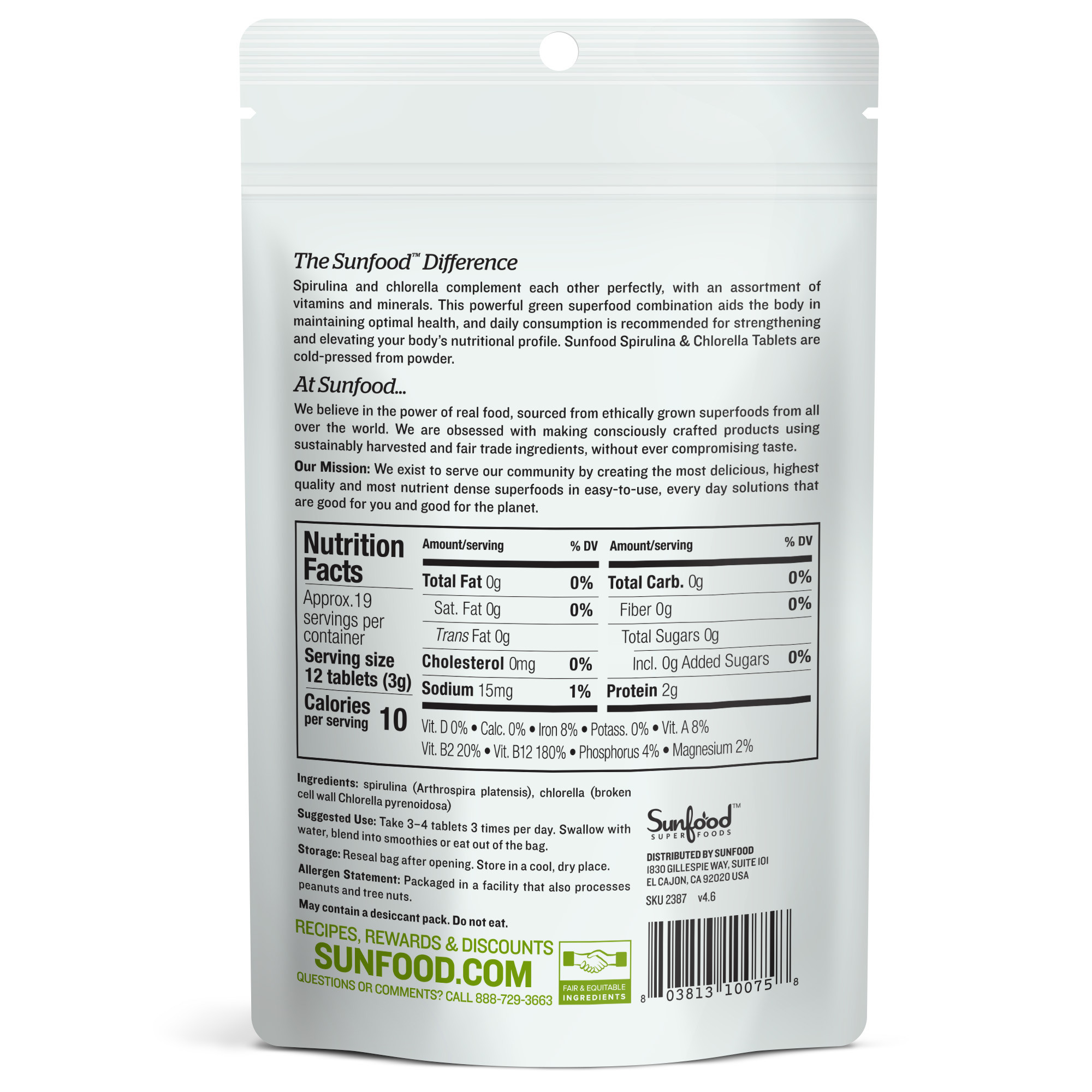 Spirulina Chlorella Tablets, 2oz 228 Tablets, 250mg per Tablet