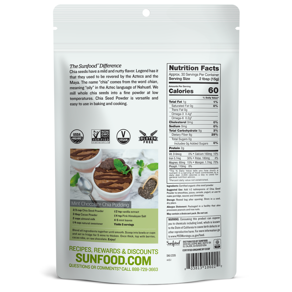 Chia Seed Powder 1lb, Certified Organic Sunfood Superfoods