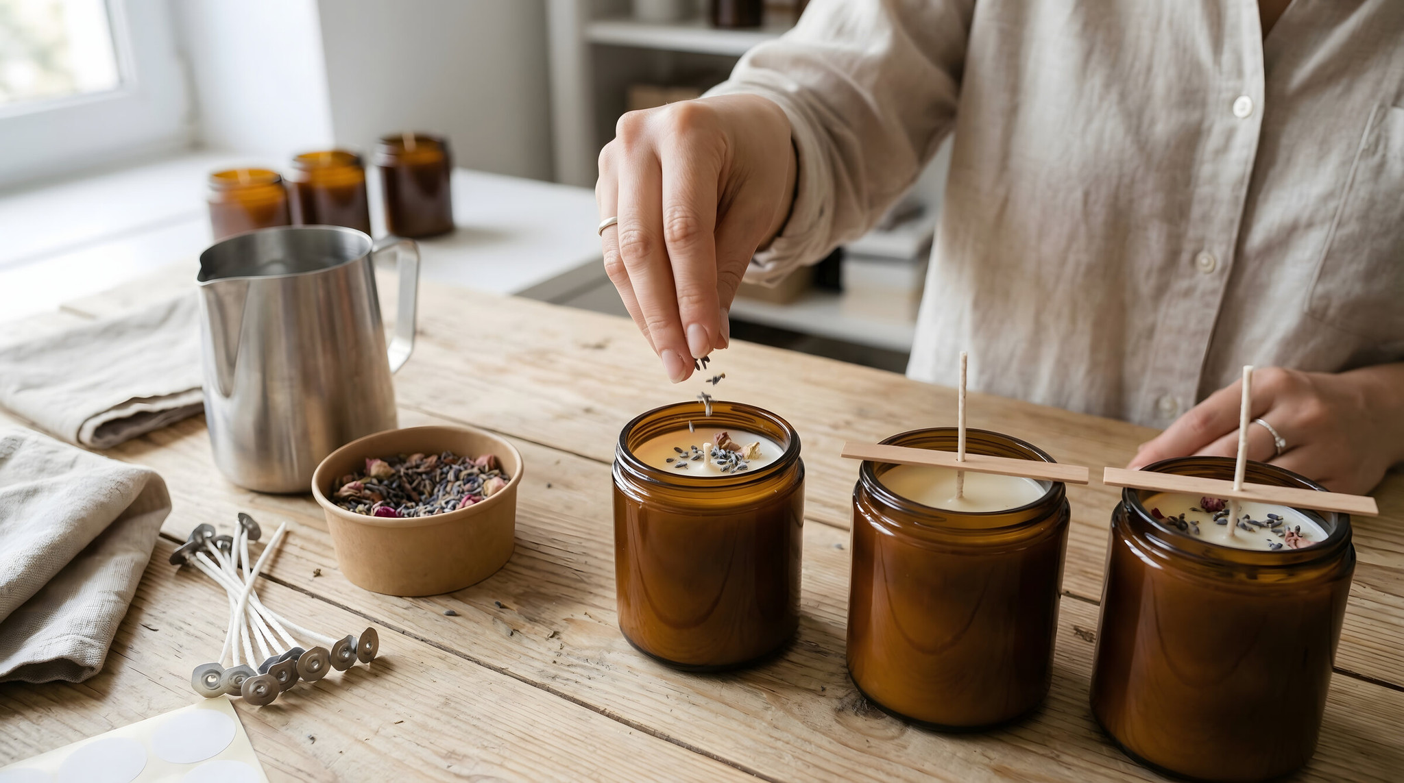 Hands finishing a candle in the studio