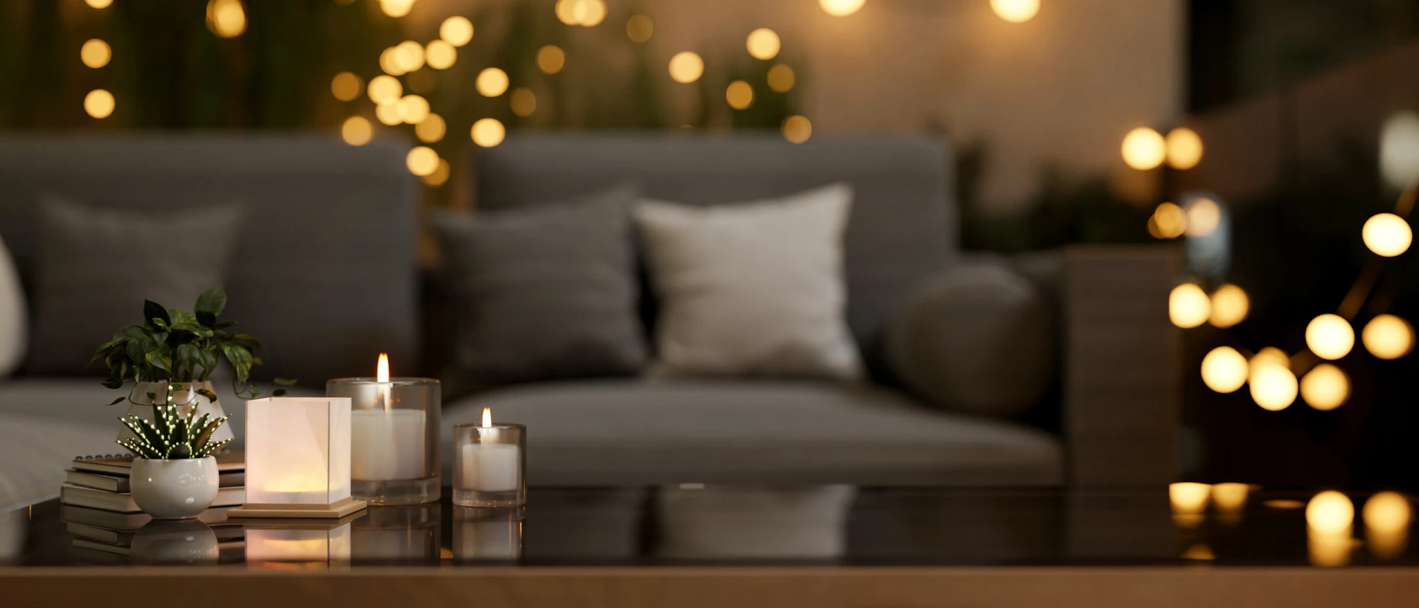 Lit candles on a living room table at dusk
