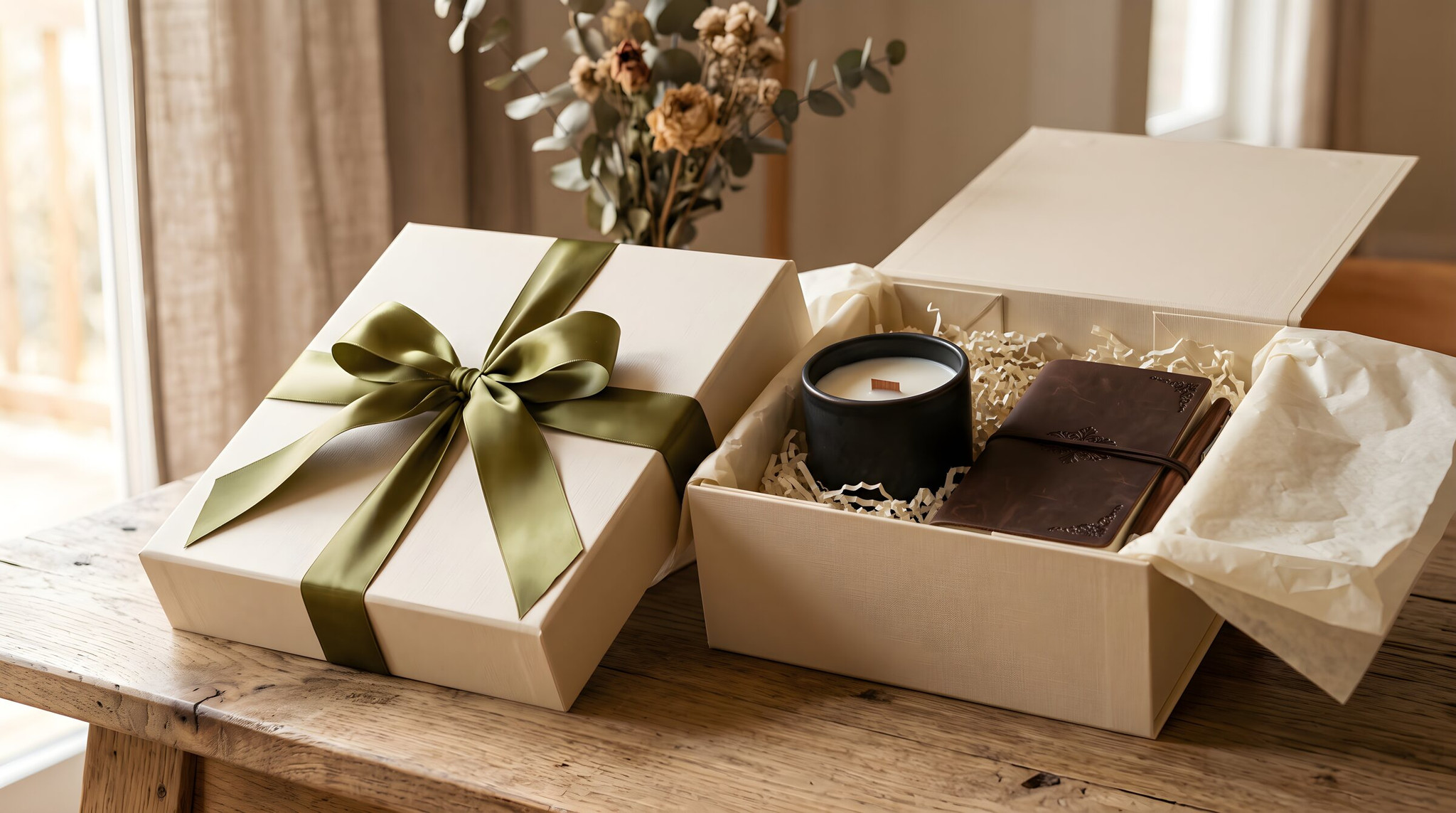 A gift box with a candle inside