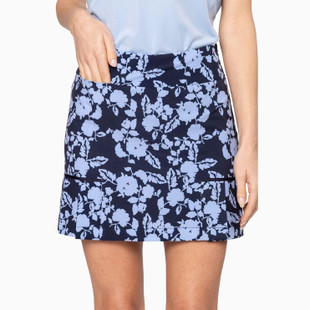 Island Time Skort by Golftini, navy and seersucker blue floral print, side pleat detail.