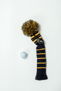 Just4Golf Navy/Gold Knit Headcovers With Pom
