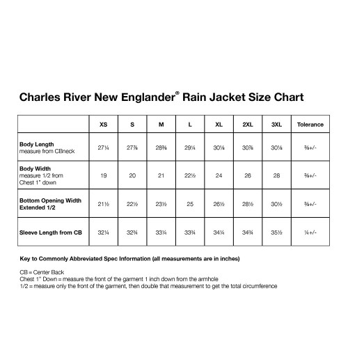 Charles River Windbreaker Size Chart