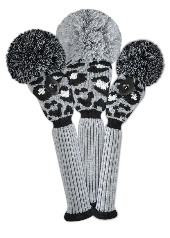 Just4Golf Grey Leopard Knit Headcovers With Pom