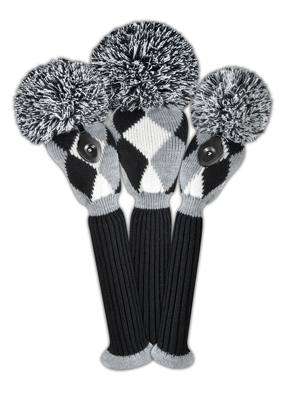 Just4Golf Black/Grey Diamond Argyle Knit Headcovers With Pom Just4Golf Black/Grey Diamond Argyle Knit Headcovers With Pom