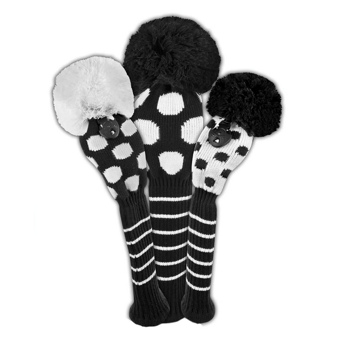 Just4Golf Black/White Dots Knit Headcovers With Pom Just4Golf Black/White Dots Knit Headcovers With Pom
