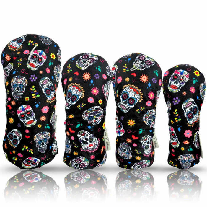 Taboo Fashions 4-Pack Resort Club Cover Set in Sugar Skulls print – bold skull golf head covers for women