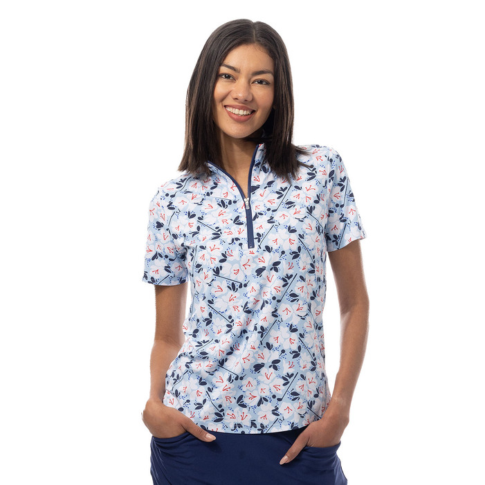 SanSoleil Cool Ultra Mesh Zip Short Sleeve Mock Golf Top in Puttercup Blue SanSoleil Cool Ultra Mesh Zip Short Sleeve Mock Golf Top in Puttercup Blue