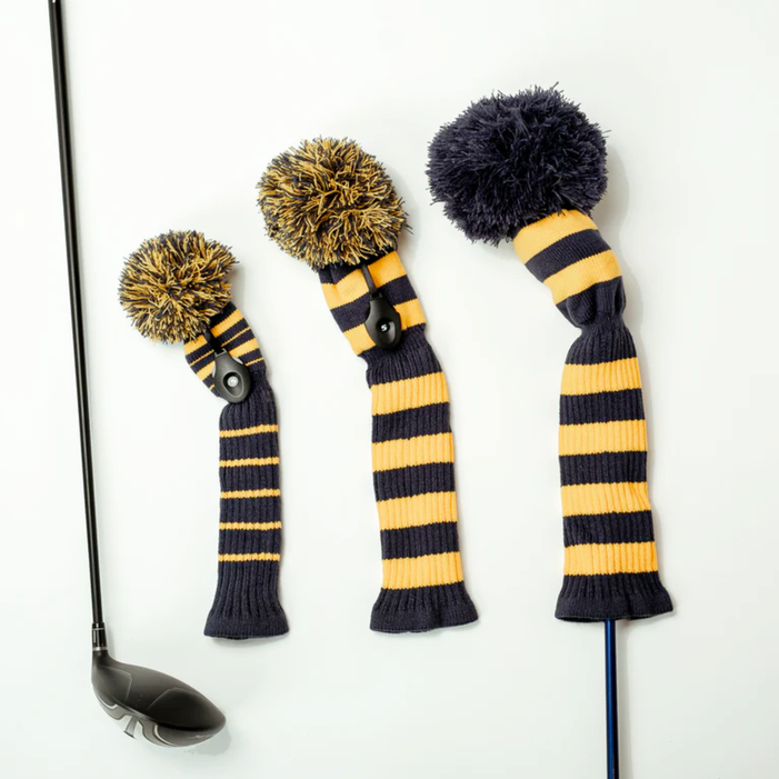 Just4Golf Navy/Gold Knit Headcovers With Pom