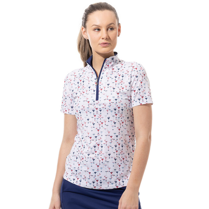 Women's shot sleeve sun top with red white and blue wine motif