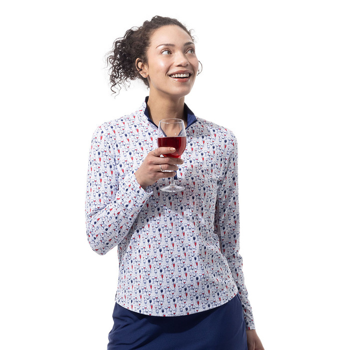 Women's long sleeve sun top with red white and blue wine motif