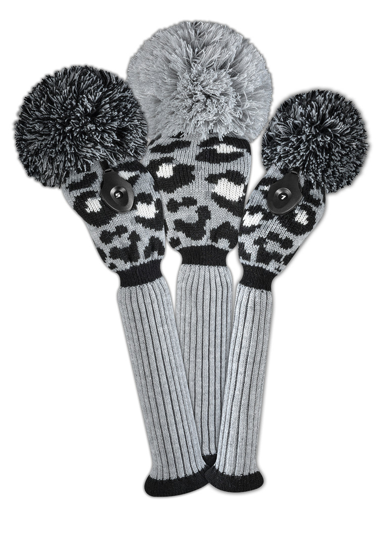 Just4Golf Grey Leopard Knit Headcovers With Pom Just4Golf Grey Leopard Knit Headcovers With Pom