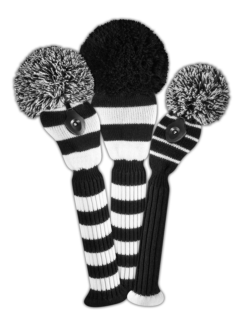 Just4Golf Black/White Stripe Knit Headcovers With Pom