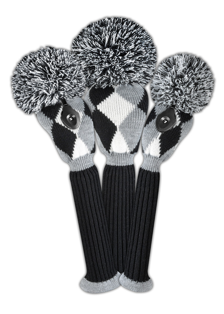 Just4Golf Black/Grey Diamond Argyle Knit Headcovers With Pom Just4Golf Black/Grey Diamond Argyle Knit Headcovers With Pom