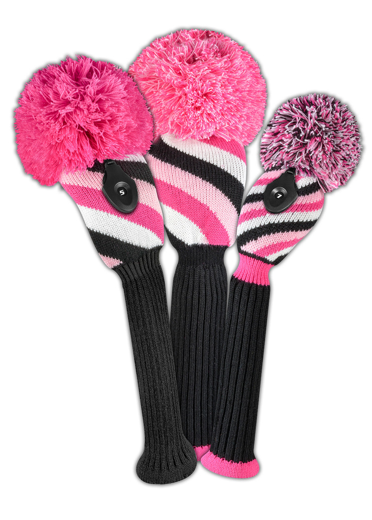 Just4Golf Pink/Black Diagonal Stripe Knit Headcovers With Pom Just4Golf Pink/Black Diagonal Stripe Knit Headcovers With Pom