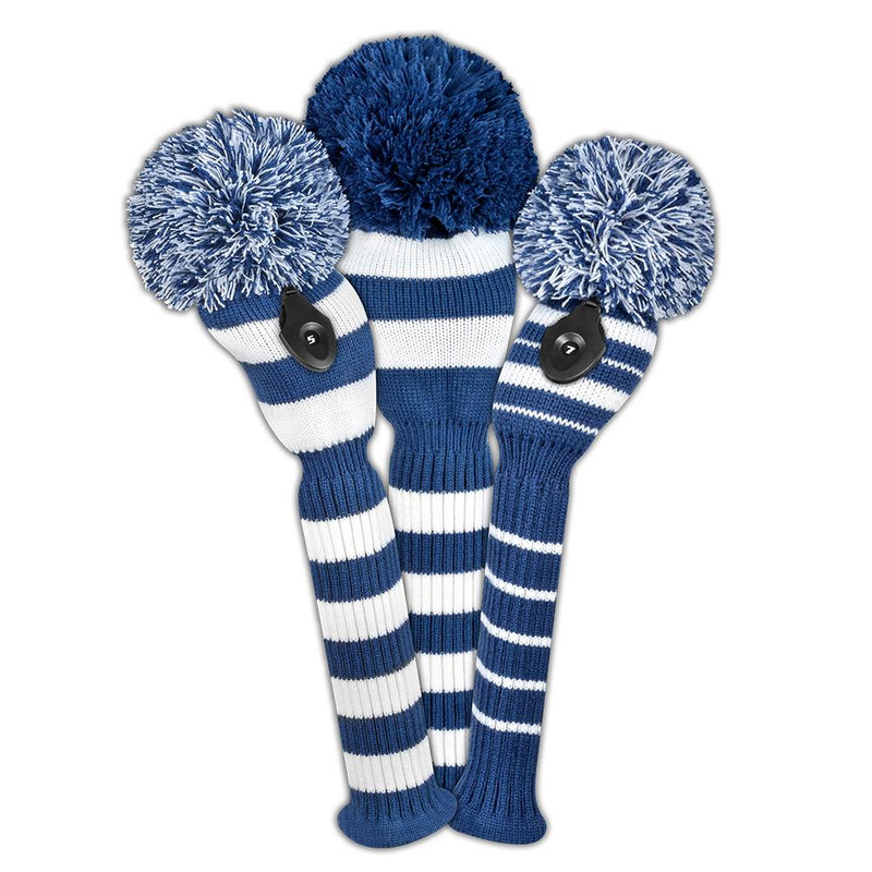 Just4Golf Navy Stripe Knit Headcovers With Pom Just4Golf Navy Stripe Knit Headcovers With Pom