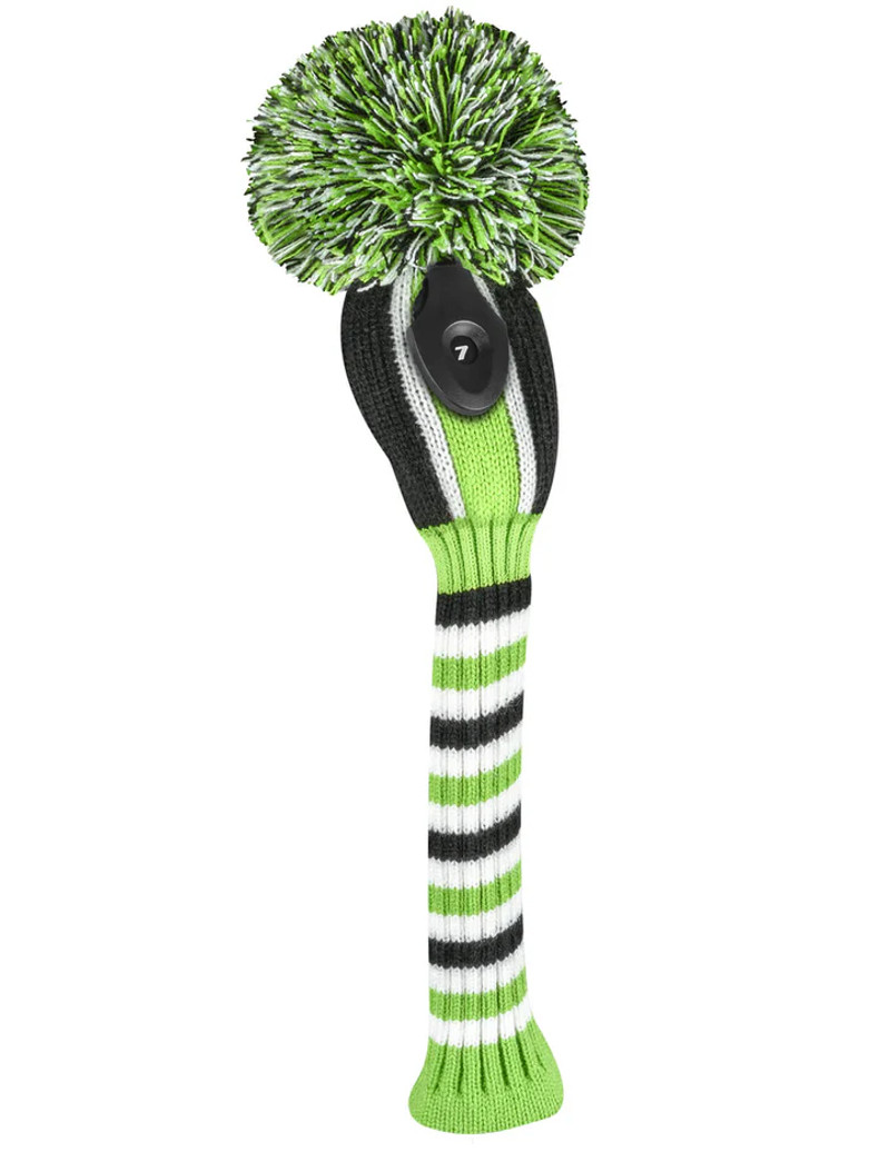 Just4Golf Lime/Black Stripe Knit Headcovers With Pom
