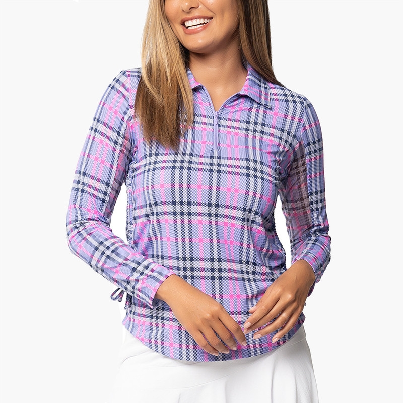 IBKUL Judith Plaid Adjustable Long Sleeve Zip Polo