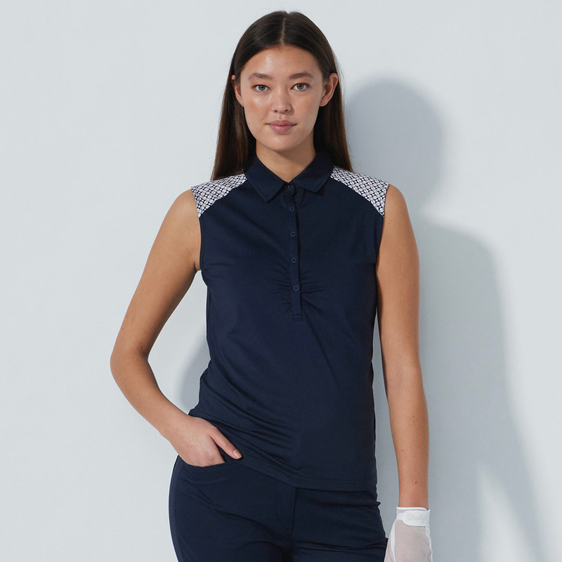 Daily Sports Mosaic Medley Chic Navy Sleeveless Polo Daily Sports Mosaic Medley Chic Navy Sleeveless Polo
