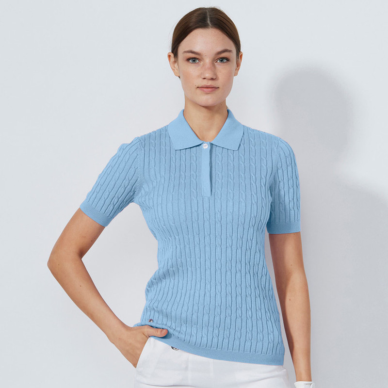Daily Sports Madelene Cable Knit Short Sleeve Polo Sweater Daily Sports Madelene Cable Knit Short Sleeve Polo Sweater