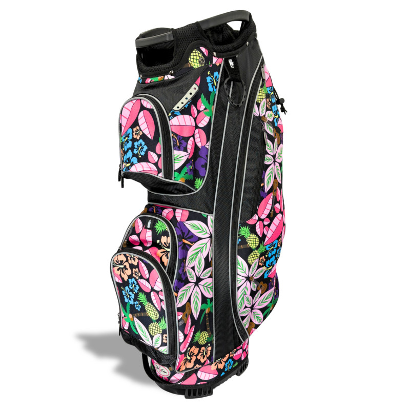 Taboo Golf Lightweight 14-Way Women’s Golf Cart Bag in Tropical Paradise print – resort floral golf bag with built-in cooler