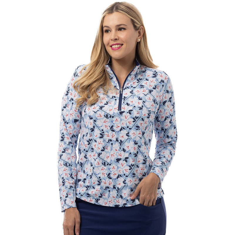 SanSoleil Cool Ultra Mesh Zip Mock Golf Top in Puttercup Blue