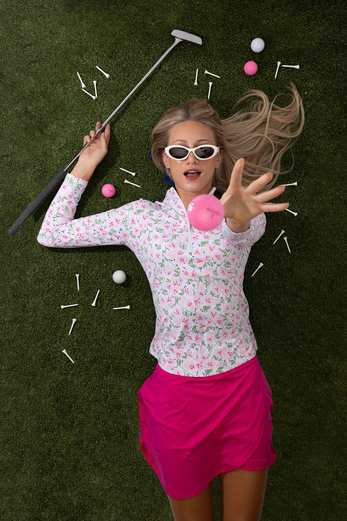 SanSoleil Cool Ultra Mesh Zip Mock Golf Top in Puttercup Pink