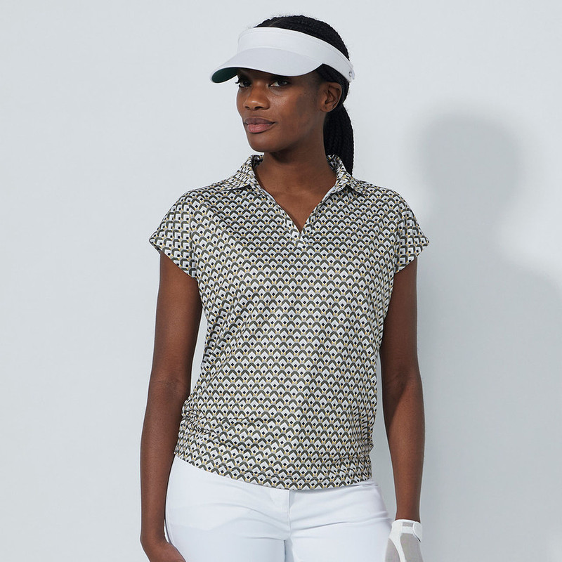 Women’s cap-sleeve golf polo with diamond geo print and quick-dry fabric