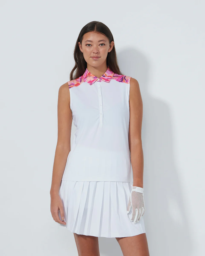 Daily Sports Artsy Leaf White Gathered Sleeveless Polo [PS26]