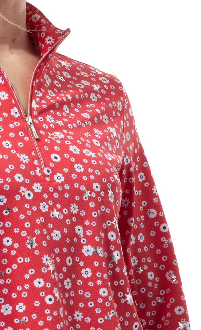 SanSoleil SolShine Star Struck Red Silver 1/4 Zip Mock 