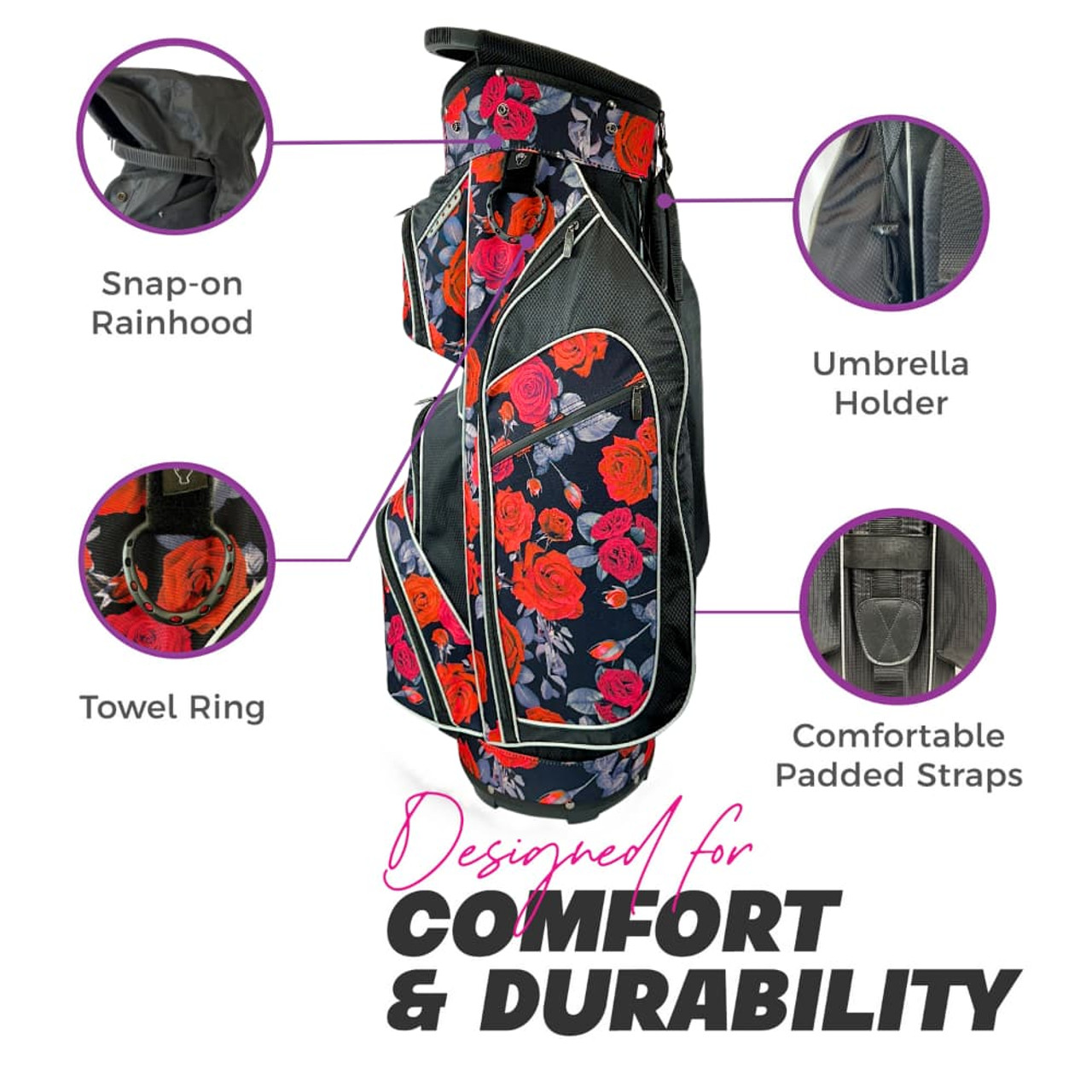 Taboo Golf 14-Way Golf Cart Bag with Cooler | Red Roses
