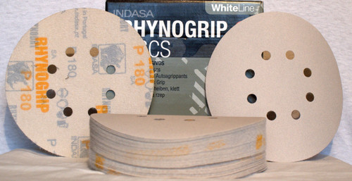 Indasa Rhynogrip 6 inch 8 Hole White Hook & Loop Sanding Discs 50/box