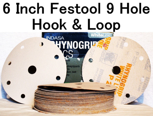 Indasa Rhynogrip 6 inch Festool 9 Hole Velcro Sanding Discs 50/box