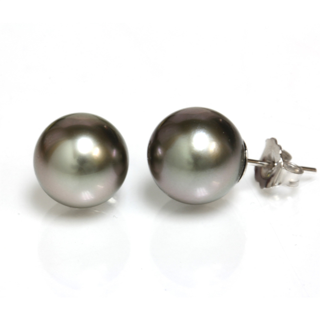 Tahitian Pearl Stud Earrings 10 MM Gray Purple AAA Flawless