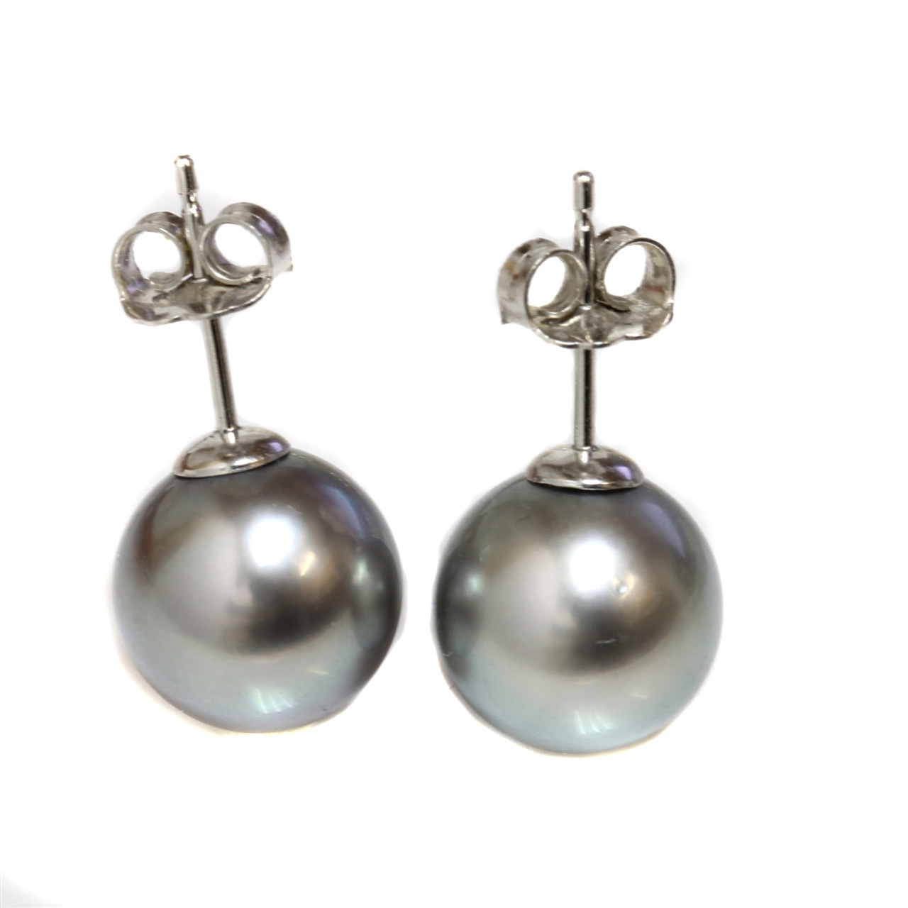 Tahitian Pearl Stud Earrings 10 MM Grey Green AAA