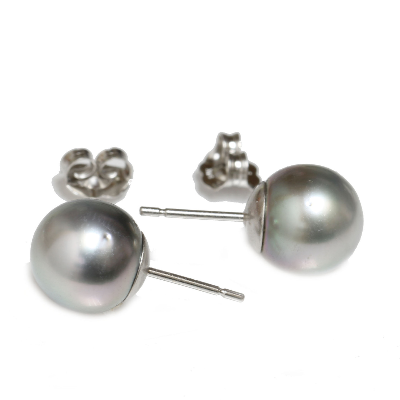 Tahitian Pearl Stud Earrings 9 MM Blue AAA