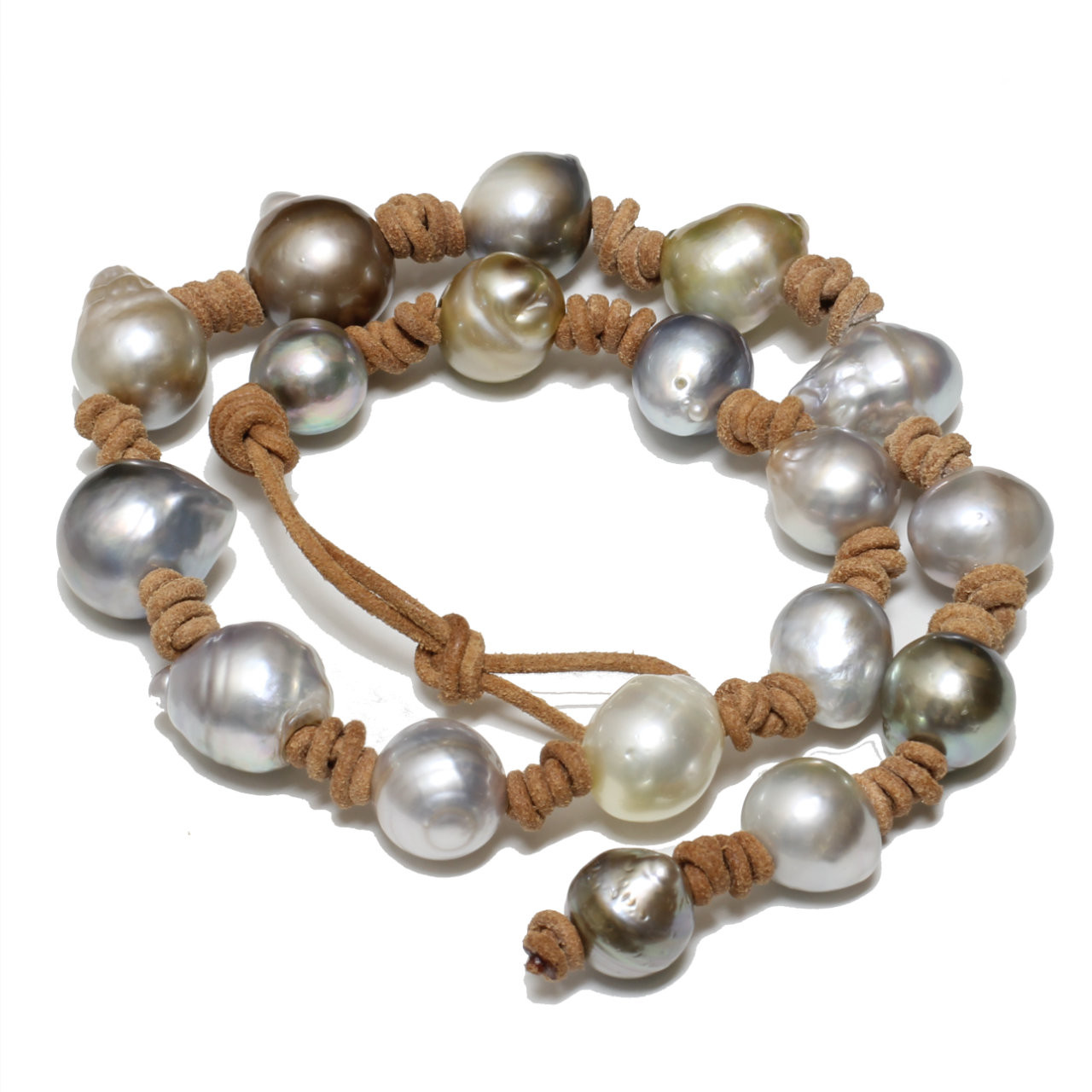 Tahitian Baroque Pearl Leather Necklace 17 - 12mm AAA - Seven Seas