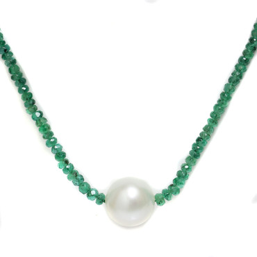 South Sea Pearl Emerald Solitaire Necklace 11 MM AAA