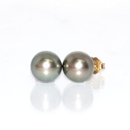 Tahitian Pearl Stud Earrings 14kt 9 MM Black Green AAA Flawless