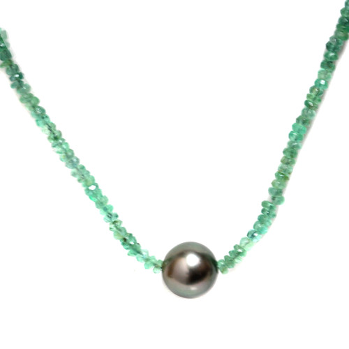 Tahitian Pearl Emerald  Solitaire Necklace 11MM AAA