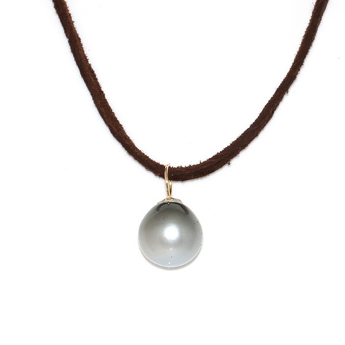 Tahitian Pearl Leather Necklace  13 MM Gray Black AAA