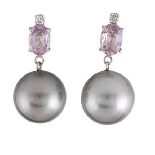Tahitian Pearl & Pink Sapphire  Diamond Earrings