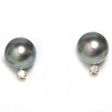 Tahitian Pearl Diamond Stud Earrings 9.5 MM Blue Green AAA Flawless