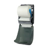 Close-up of the Mayfair manual hands-free paper towel dispenser showing touch-free dispensing mechanism, low pull force and black translucent cover