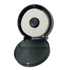 Close-up of the Mayfair jumbo roll toilet paper dispenser showing black translucent cover and heavy-duty double-latch locking system