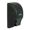 Close-up of the Mayfair standard roll toilet paper dispenser showing black translucent cover and dual-roll transfer design